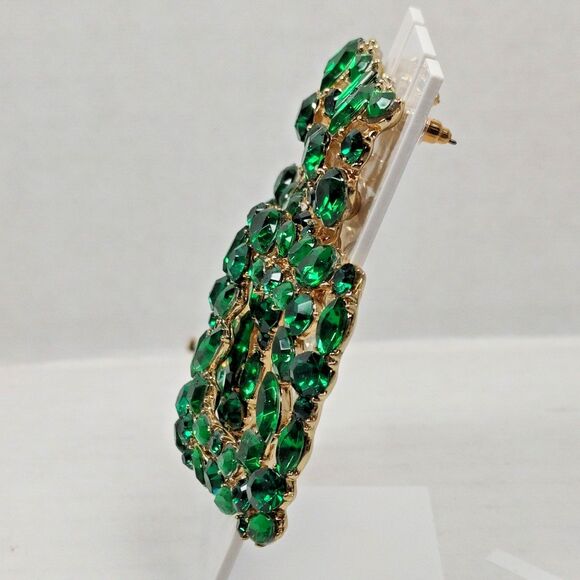 Gold Tone Metal Green Plastic Rhinestone Opulent Chandelier Earrings Square Drop - Picture 14 of 16